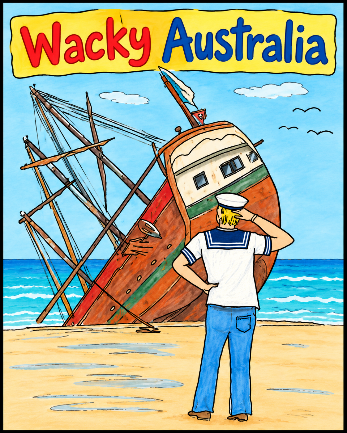 Wacky Australia paperback cover showing a sailor in a white shirt and sailor cap beside a shipwreck
