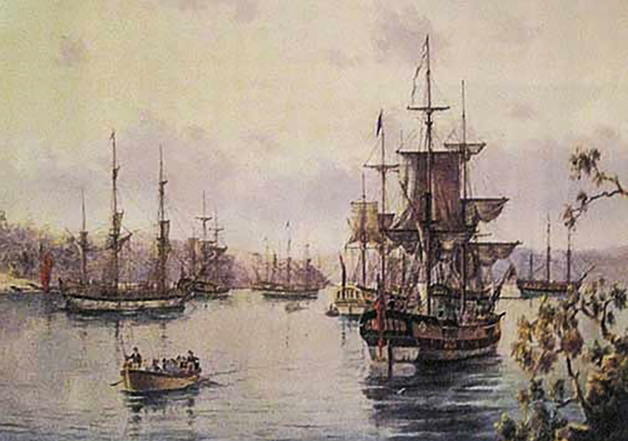 Illustration of First Fleet ships at Sydney Cove