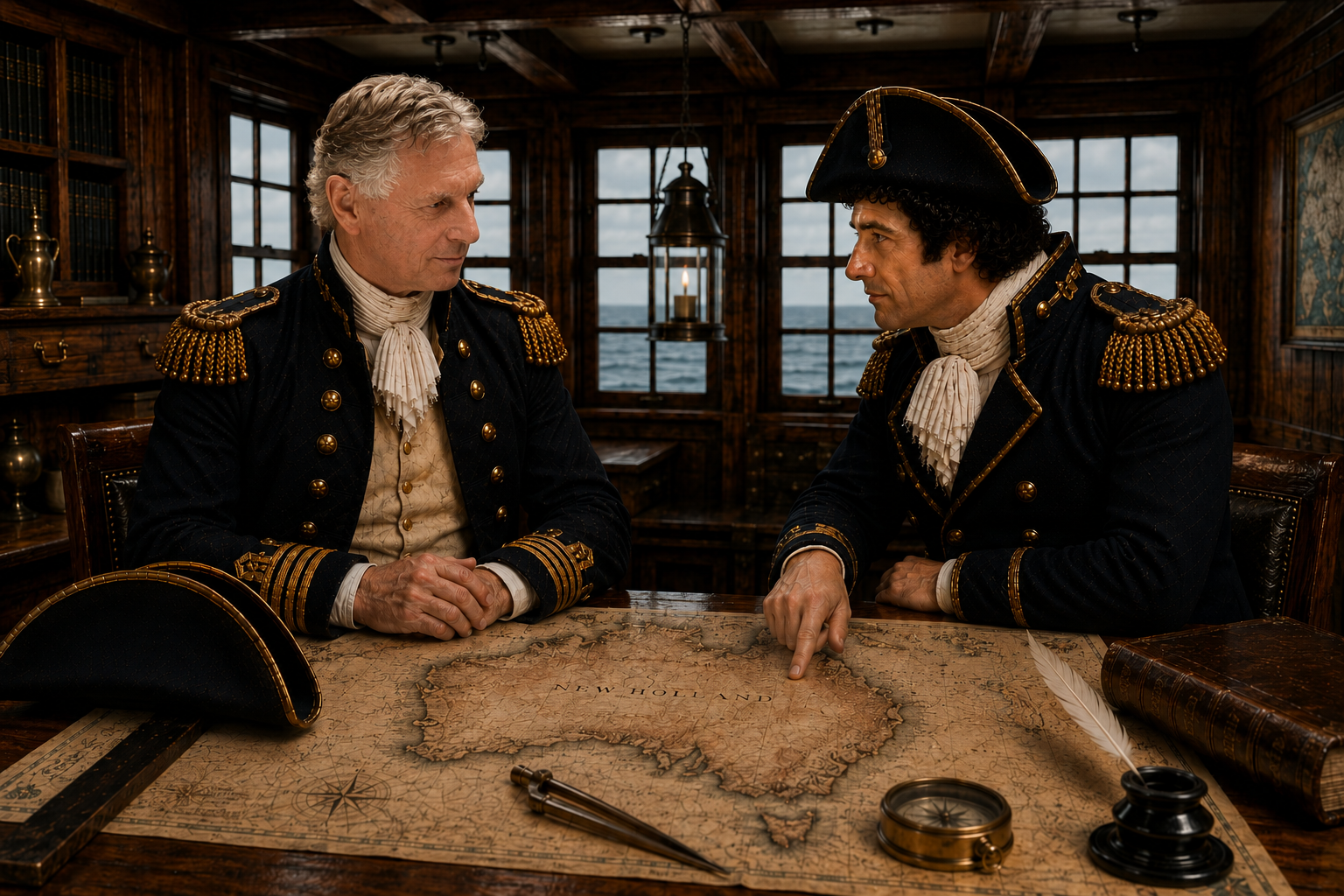 Illustration of Christopher Reynolds discussing a chart with Matthew Flinders in a captain’s cabin