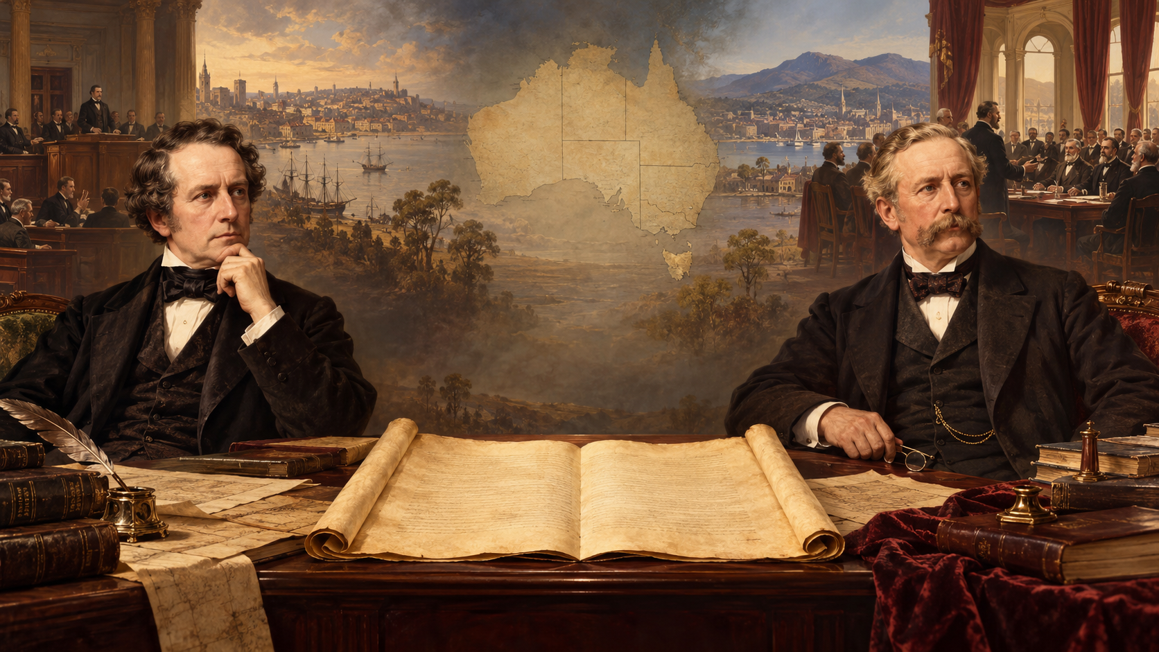 Interpretive artwork showing William Charles Wentworth and Andrew Inglis Clark at a table with a map of Australia between them.